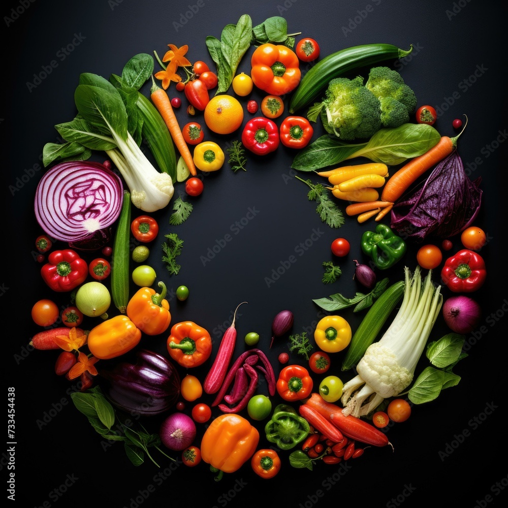 Canvas Prints Fresh vegetables arranged in a circle on a black background. Generative AI.