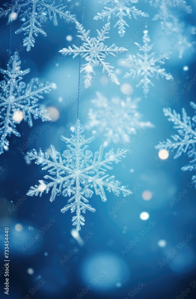 Poster snowflakes hanging from a string on a blue background. generative ai.