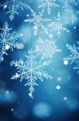 Snowflakes hanging from a string on a blue background. Generative AI.