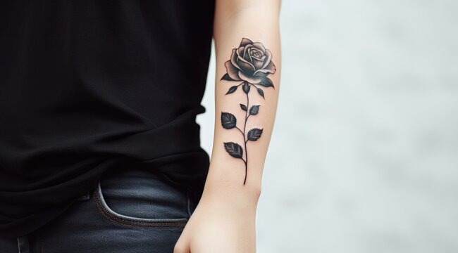 A woman's arm with a tattoo of a rose. Generative AI.