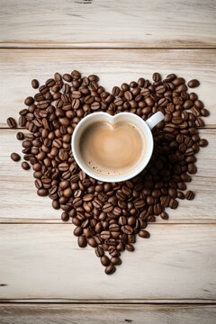 Coffee beans and heart shape cup of coffee on wooden background. Generative AI.