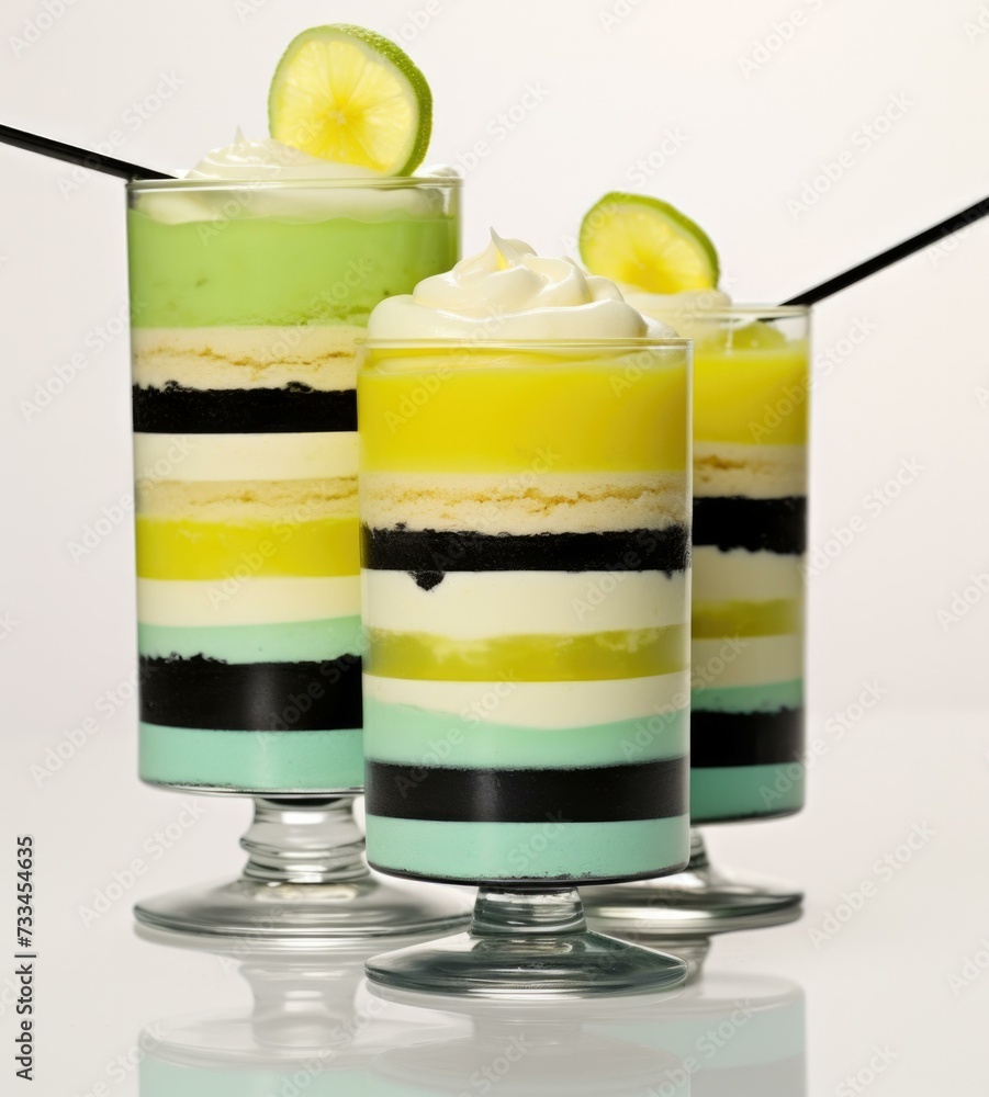 Poster three different colored drinks in glasses with a straw. generative ai.