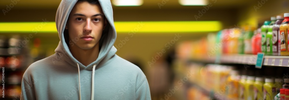 Poster a young man in a hoodie standing in front of a shelf in a store. generative ai.