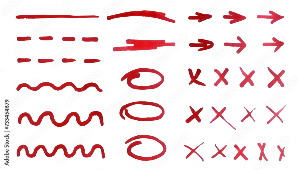 Poster set of hand drawn sketches highlighted with red marker. lines, circles, crosses and arrows that need