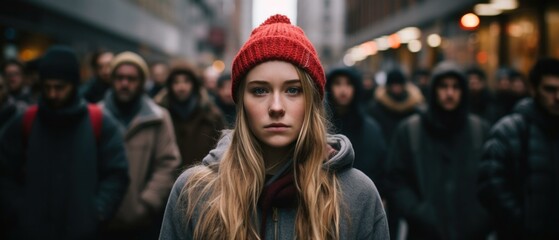 Obraz premium A woman in a red hat standing in a crowd. Generative AI.