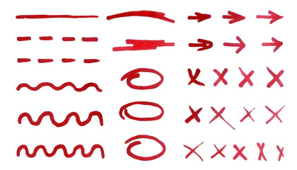 Set of hand drawn sketches highlighted with red marker. Lines, circles, crosses and arrows that need to be highlighted. Vector illustration