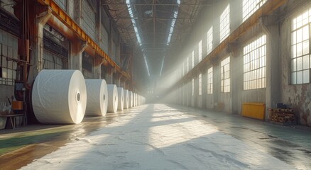 Stacked high in a dimly lit warehouse, rolls of composite paper await their purpose, exuding the potential for creativity and productivity within the factory walls