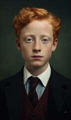 A young boy with red hair and a suit. Generative AI.