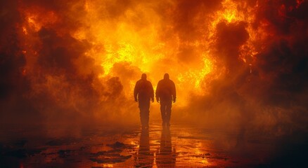 As the two figures walked through the thick smoke and heat of the outdoor fire, they were surrounded by the chaotic explosion of flames and the heroic presence of a lone firefighter, all while being 