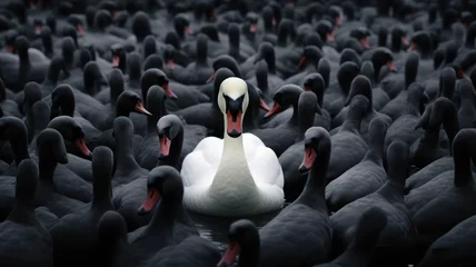 Zelfklevend Fotobehang One white swan between many black swans created with Generative AI © mg photo