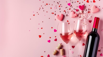 A bottle of wine and two glasses of wine. St. Valentine's day background, copy-space on pink paper.