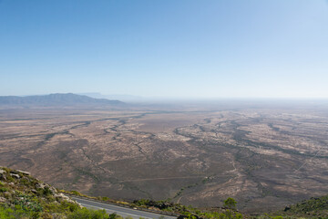 Fototapeta na wymiar View from Vanrhyns Pass on Road R27 at the Northern Cape Province in South Africa under blue sky.