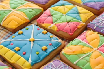 Close-up on trendy quilted cookies, appalachian inspired cookies, patchwork imitation decor.