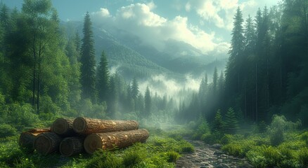 A breathtaking view of a misty forest, with majestic trees and a towering mountain in the background, evoking a sense of wonder and the beauty of untouched nature