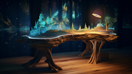 "Enchanted Desk: A Digital Fantasy Illustration Featuring a Magnificent Fragmented Aurora Borealis Suspended Above an Ornate Wooden Desk, Radiating Mystical Light and Wonder