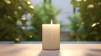 "Gentle Glow: A Realistic Photograph of a Single Candle Flickering in the Breeze, Casting Soft Shadows and Emanating Tranquility in an Outdoor Setting"