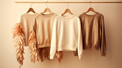 Golden glow glitter sweaters with feathered details on hangers in modern boutique display on a beige minimalistic background. Concept of festive, elegant clothes for parties or events. Banner