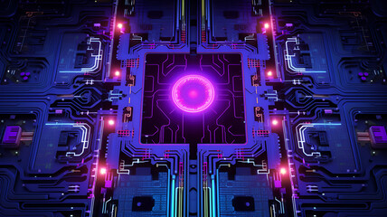 "Futuristic Nexus: A Digital Artwork Showcasing an AI Processor as the Core of Advanced Technology, Surrounded by Luminous Circuitry and Data Streams in a Sci-Fi Environment, Blending Dark and Neon Co