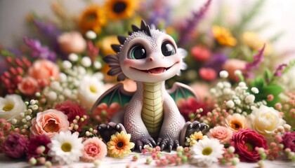 Adorable Dragonling Surrounded by a Medley of Spring Flowers
