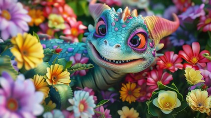 Charming Dragon Hatchling Amidst a Rainbow of Flowers