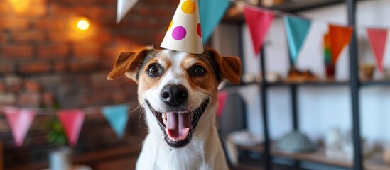 A fawn-colored dog from the Sporting Group, a carnivore breed, is happily wearing a birthday party hat and smiling at the camera. This companion dog has a collar around its neck and a cute snout. - obrazy, fototapety, plakaty