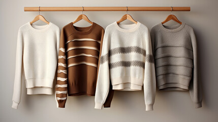 Women's Neutral-toned soft knit sweaters with striped patterns displayed on a wooden hanger on a monochrome gray background. Concept of trendy and minimalist design basic clothing outfit. Banner