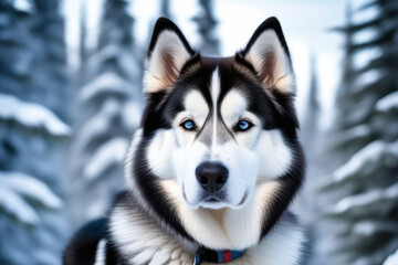 Naklejka premium Portrait of Alaskan Malamute in the snow. Purebred Malamute in the snowy forest.