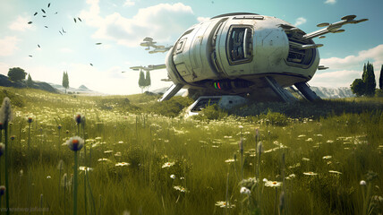"Forgotten Odyssey: A 3D Digital Illustration of an Abandoned Spaceship Nestled in a Verdant Field, Surrounded by Towering Grass and Wildflowers, Against the Backdrop of an Otherworldly Sky, Highlight