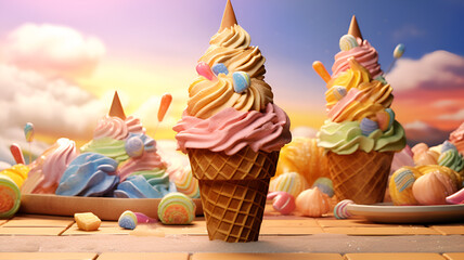 "Summertime Indulgence: A Photographic Delight of a Perfectly Swirled Cone Ice Cream, Bursting with Vibrant Colors and Creamy Textures, Set Against a Bright and Sunny Background, Tempting the Taste Bu