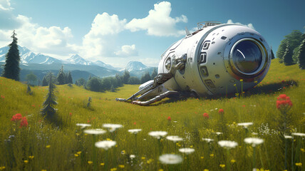 "Forgotten Odyssey: A 3D Digital Illustration of an Abandoned Spaceship Nestled in a Verdant Field, Surrounded by Towering Grass and Wildflowers, Against the Backdrop of an Otherworldly Sky, Highlight