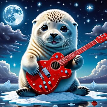 baby seal with red guitar