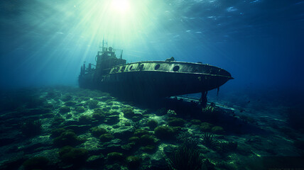 ubmerged Solitude: A Haunting Photograph of an Abandoned Submarine on the Ocean Floor, Enveloped in Decay and Mystery"