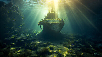 ubmerged Solitude: A Haunting Photograph of an Abandoned Submarine on the Ocean Floor, Enveloped in Decay and Mystery"