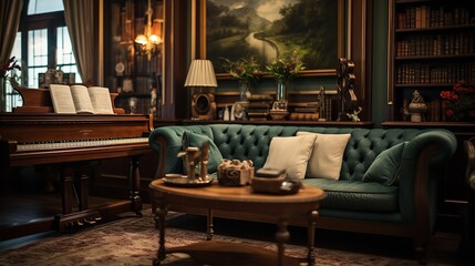 Fototapeta na wymiar Vintage Charm: Cozy Living Room with Time-Worn Elegance and Heirloom Pieces