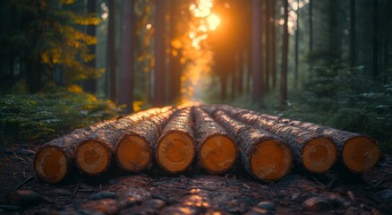 Amber light dances upon a pile of fallen logs, bringing warmth and comfort to the crisp autumn forest - obrazy, fototapety, plakaty