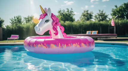 An inflatable mattress in shape of unicorn on the surface of the pool. Summer