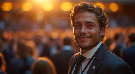 A sharply dressed gentleman stands indoors, his human face adorned with a warm smile, exuding confidence and elegance in his suit and tie - obrazy, fototapety, plakaty