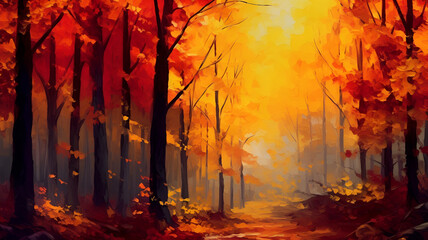 "Fires of Autumn: Visually Striking Digital Artwork Depicting Enchanting Forest Scene with Leaves Ablaze in Vibrant Fiery Hues, Evoking Nature's Transformation."