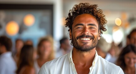 A stylish man exudes warmth and confidence as he flashes a charming smile, his beard framing his face with its neatly trimmed facial hair