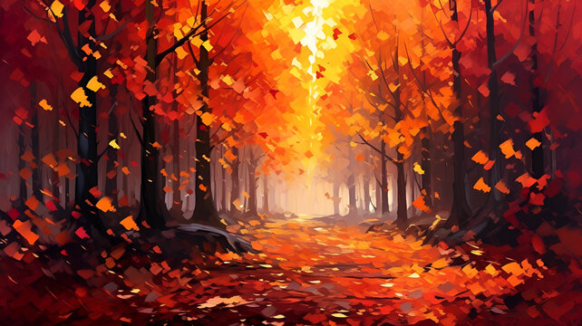 "Fires of Autumn: Visually Striking Digital Artwork Depicting Enchanting Forest Scene with Leaves Ablaze in Vibrant Fiery Hues, Evoking Nature's Transformation."