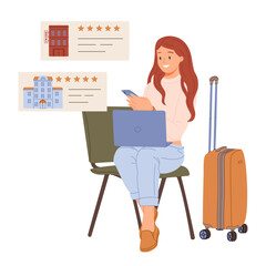 Tourist booking hotel online with app, checking reviews in internet on smartphone. Search and book.