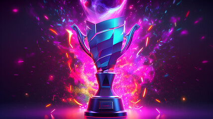 Champion's Glory: Sleek 3D Render of Esports Gaming Trophy with Intricate Details, Vibrant Lighting, and Confetti, Capturing the Thrill of Victory. - obrazy, fototapety, plakaty