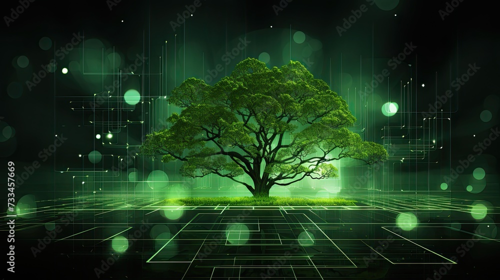 Poster green technology-themed image of a virtual server network, organic data structure design resembling 
