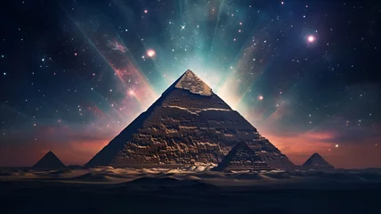 Foto op Canvas "Ancient Mysteries: Digital Illustration of Weathered Pyramid Amidst Stunning Galaxy Night, Emanating Cosmic Beauty and Sense of Ancient Secrets." © ShahinAlam