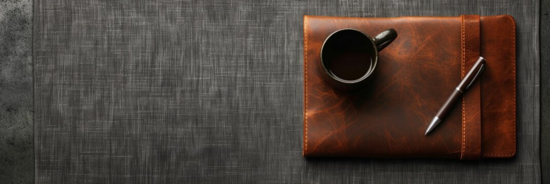 Extra wide banner header flatlay image with dark color scheme using leather and linen design details ideal for modern contemporary business or corporate product mockup, scene creator, text background 