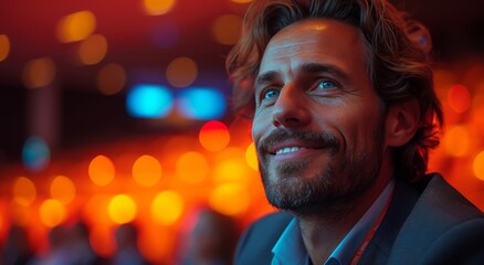 A handsome man gazes up with piercing blue eyes, his warm smile framed by a well-groomed beard and moustache, as light illuminates his chiseled features and stylish clothing