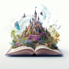 Open book with fairy tale castle on white background.