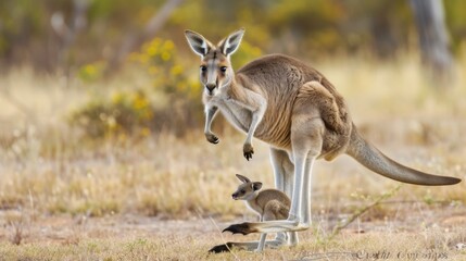 Cute Kangaroo with Baby Joey Exploring the Australian Outback AI Generated.