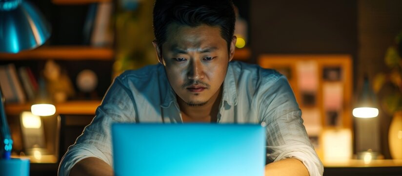 A hesitant Chinese man working on a laptop late at night, appearing skeptical and disapproving with crossed arms.