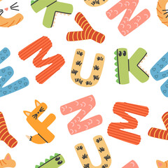 Abstract flat letters seamless pattern. Colorful trendy vector illustration. Beige letters on a white background